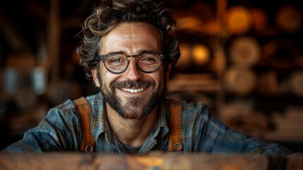 Fototapeta premium Bearded man with glasses and laughing in a wood shop with tools in the background