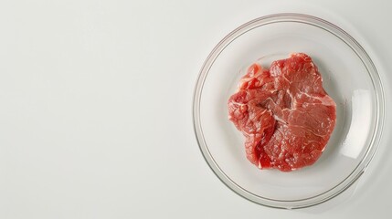Artificial meat experiment in laboratory dish Top view Text space