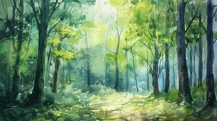 Watercolor painting of a peaceful forest atmosphere, forest, trees, leaves, nature, watercolor, painting, tranquil, serene, woods, green, atmosphere, peaceful, scenery, outdoors,