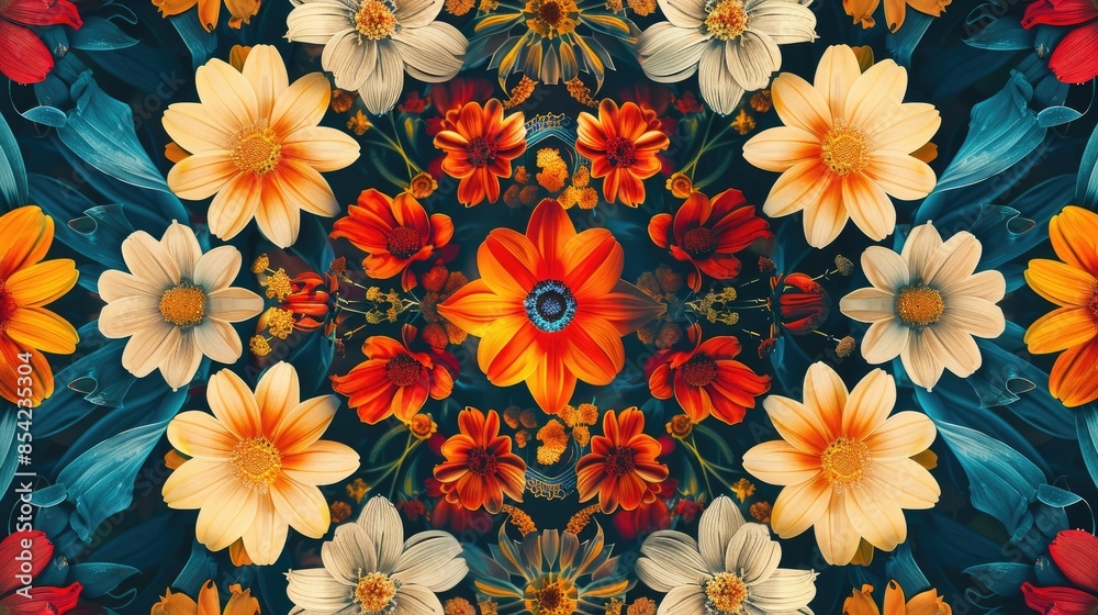 Poster Colorful Flowers in Abstract Symmetry Ornate Floral Patterns with Kaleidoscopic Geometric Designs