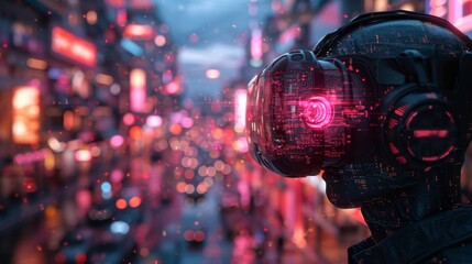 Craft an engaging visual narrative depicting the evolution of VR technology alongside AI animations and spinning holograms in research and