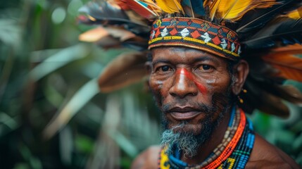 Obraz premium Elderly man adorned in cultural attire including a headband with feathers and tribal face paint