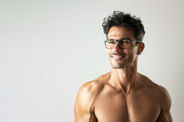 40s handsome latino man, he is shirtless wearing glasses in great shape, healthy.
