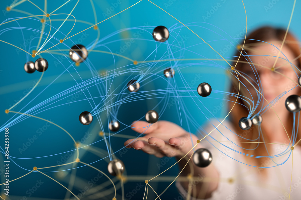 Poster Global network. Blockchain. 3D illustration. Neural networks and artificial intelligence. Abstract