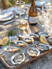 Fresh oysters on ice with lemon and herbs. Seafood and dining concept.
