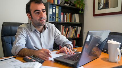 Fototapeta premium a man sitting at a desk with a laptop and a pen in his hand and a calculator in front of him