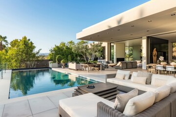 Fototapeta premium Whether sipping cocktails by the pool or enjoying a leisurely afternoon nap in the shade, the patio offers endless opportunities for relaxation and indulgence in its luxurious surroundings
