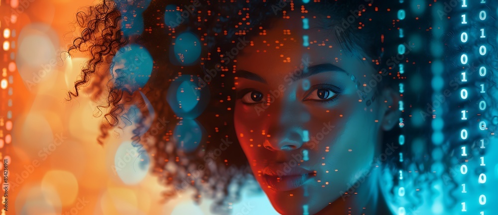 Wall mural woman with curly hair, her face illuminated by the glow from binary code floating around her against blue and orange background.