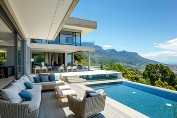 Obraz premium The patio's modern design elements, such as sleek pergolas and fire pits, add a touch of architectural flair to the poolside area, elevating its aesthetic appeal and creating a sense of refinement