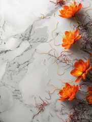 Marble Table with Saffron Flowers. Elegant saffron flowers placed on a white marble table, creating a contrast of bright orange petals and sleek marble texture.