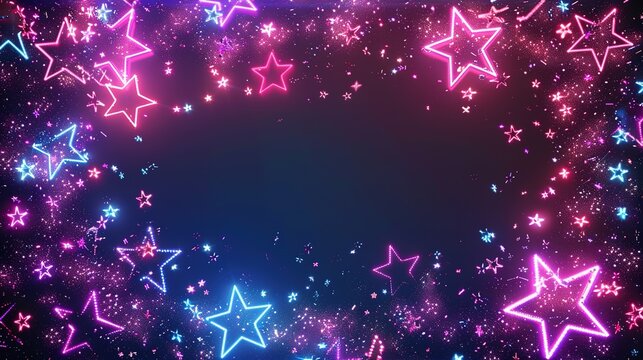 stars neon glowing empty frame for text, festive shining particles, Vibrant neon border illuminated , holiday promotions, birthday announcements, and sales events with space for customizationю