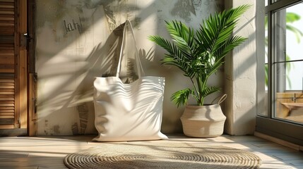 A warm and inviting room corner featuring a tote bag, indoor plants, and shadows cast by the morning sun