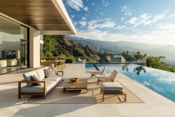 Fototapeta premium Surrounded by lush greenery and bathed in natural light, the luxurious patio offers a serene oasis where one can escape the hustle and bustle of daily life and immerse themselves in the beauty 