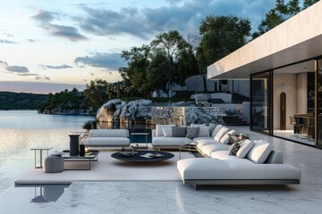 Obraz premium From chic loungers to plush sofas, the patio's furniture ensemble is carefully curated to prioritize comfort and style, inviting guests to unwind and indulge in leisurely moments