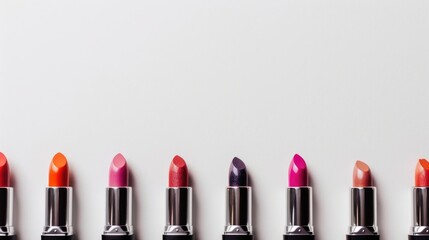 Fototapeta premium Arrangement of colorful lipsticks on white background with copy space Professional makeup and beauty concept