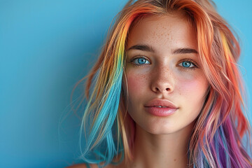 Fototapeta premium Beautiful caucasian woman with long hair in pastel rainbow colors, portrait, blue background