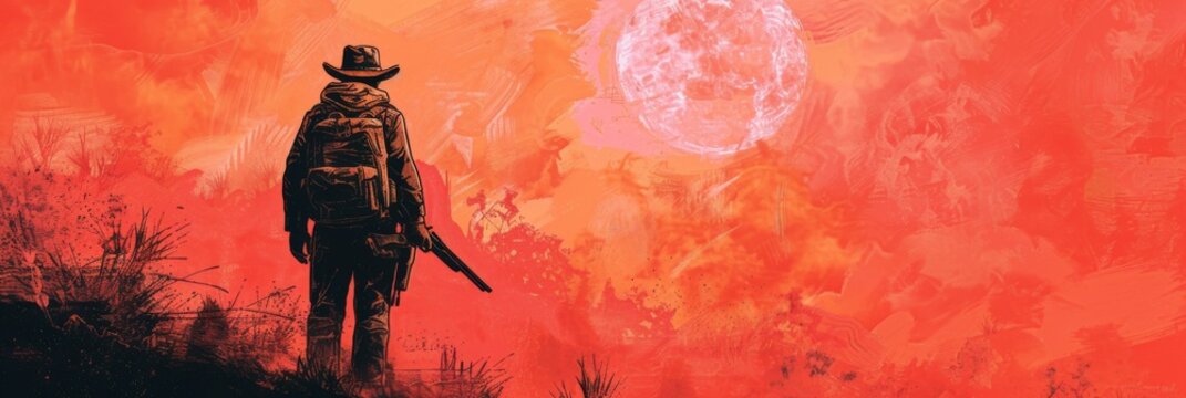 Horizontal banner. World ranger day. A ranger in the mountains at sunset inspects the territory of the reserve. Protecting nature, helping tourists. Free space for text