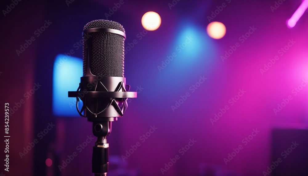 Fototapete in an empty recorded studio with copy space, a studio microphone and pop shield are placed on the mi