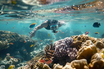 Fototapeta premium Woman snorkeling is exploring underwater marine life of coral reef
