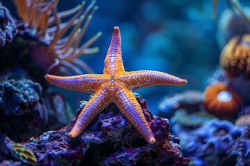 Orange starfish resting on a rock in a reef aquarium