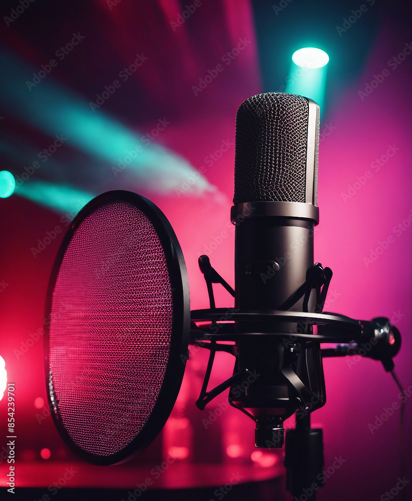Fototapete in an empty recorded studio with copy space, a studio microphone and pop shield are placed on the mi