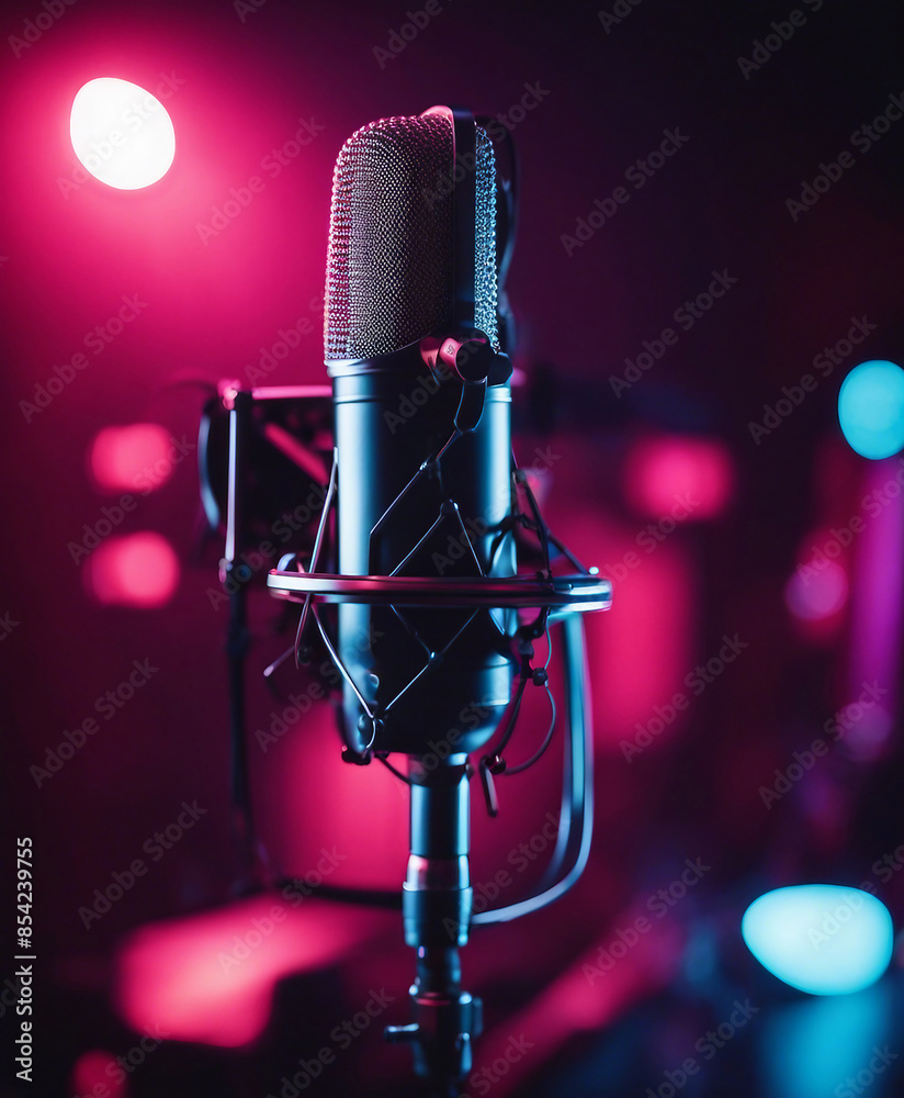 Fototapete in an empty recorded studio with copy space, a studio microphone and pop shield are placed on the mi