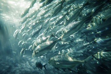 Large school of fish swimming in sunrays underwater ocean