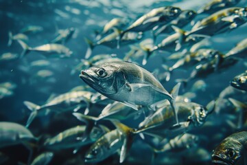 School of fish swimming in deep blue ocean water