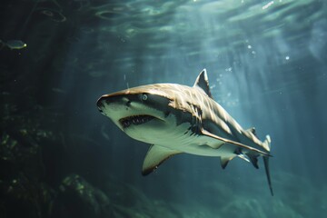 Fototapeta premium Large shark swimming underwater in blue ocean water