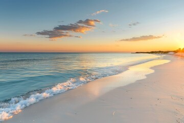 Obraz premium Calm ocean waves washing sandy beach at sunset