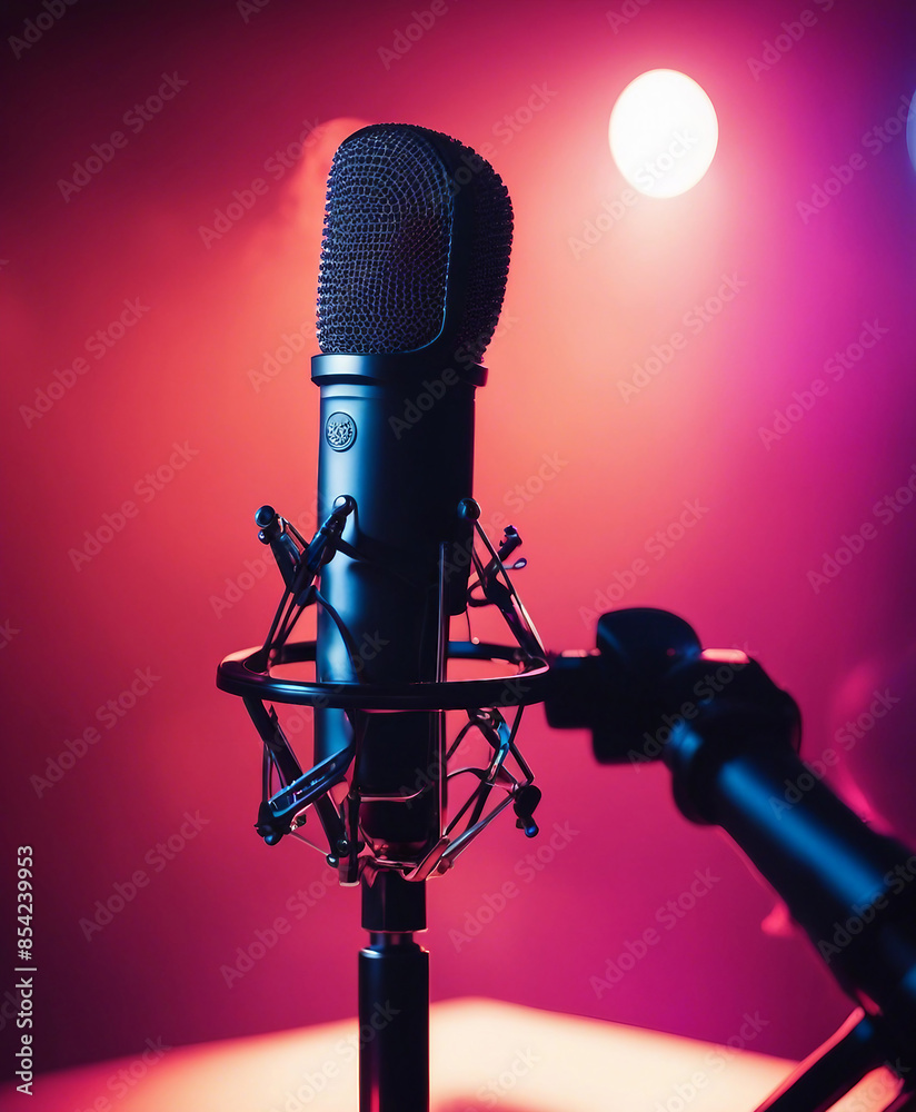 Fototapete in an empty recorded studio with copy space, a studio microphone and pop shield are placed on the mi