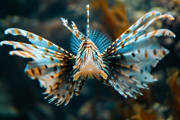 Magnificent lionfish swimming gracefully in blue water