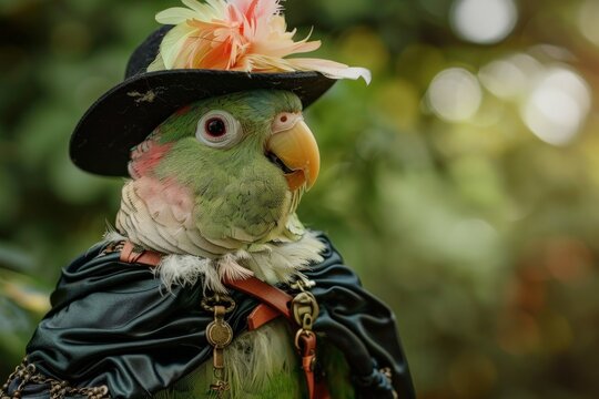 Green parrot wearing costume posing in nature