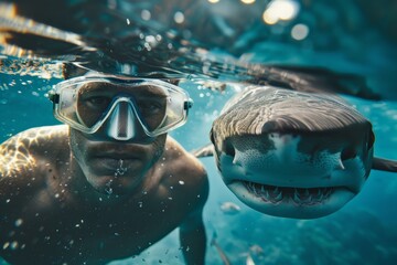 Naklejka premium Diver swimming near great white shark underwater