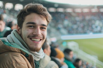 Fototapeta premium Young man smiling while enjoying a football match at the stadium