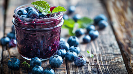 blueberry jam in a jar, topped with fresh blueberries and a sprig of mint, set on a rustic table - Powered by Adobe