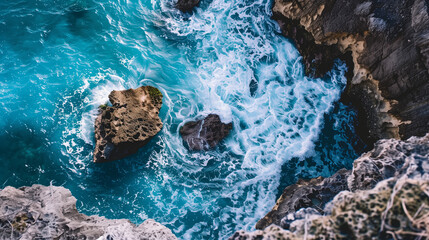 Ruhige blaue Meereswellen prallen sanft gegen felsige Klippen: Eine entspannende, naturverbundene Küstenszene mit friedlicher Ozeanbewegung und atemberaubender Felsformation.