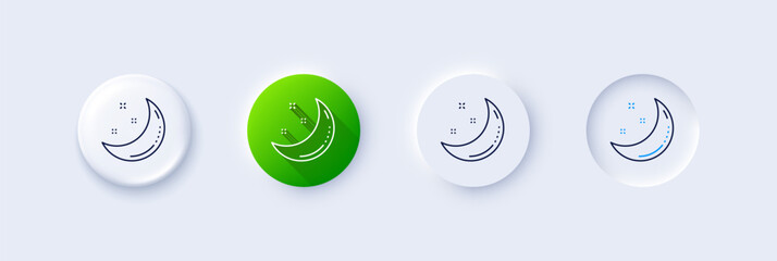 Moon and stars line icon. Neumorphic, Green gradient, 3d pin buttons. Night sign. Sleep symbol. Line icons. Neumorphic buttons with outline signs. Vector