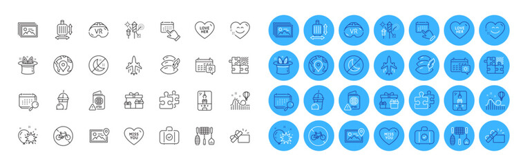 Travel calendar, Image gallery and Surprise boxes line icons pack. Pin, Hat-trick, Fireworks rocket web icon. Puzzle, Miss you, Photo location pictogram. Love her, Bicycle prohibited. Vector