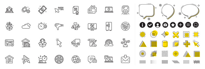 Fototapeta premium Set of Reject web, Hair dryer and Fireworks rocket line icons for web app. Design elements, Social media icons. Saving electricity, Delivery service, Parking icons. Vector