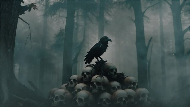 Raven on Pile of Skulls in Haunted Forest 4K Loop features an A.I. generated video of a raven perched on a pile of human skulls in a dark foggy forest.