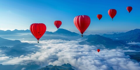 Obraz premium heart-shaped hot air balloons gracefully floating above a serene, cloud-covered mountainous landscape. The vibrant red balloons stand out against the clear blue sky