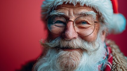Classic Santa Claus with blue eyes and glasses against a red background