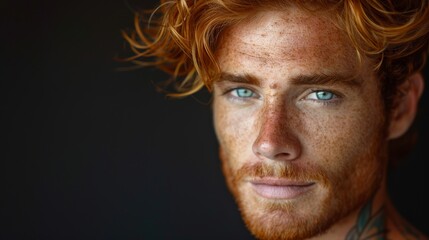 Obraz premium A high-resolution portrait showcasing a young man with unique red hair and piercing blue eyes, full of intensity and thought