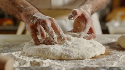 Pizza Process Dough Preparation Close-up shots of the hands kneading and stretching pizza dough on...