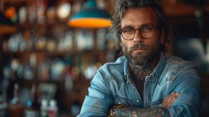 Fototapeta premium A man with tattoos and glasses poses confidently in a dimly lit bar with bokeh background