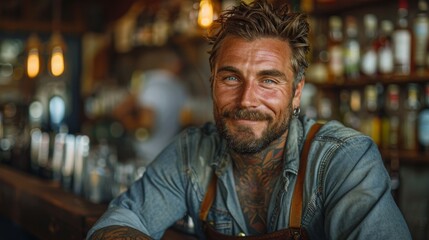 Fototapeta premium An engaging smile from a tattooed man with a laid-back vibe in a bar, representing ease and lifestyle enjoyment