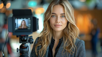 Attractive woman in front of a camera, with the camera's viewfinder in focus