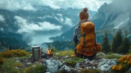 A solitary female traveler finds serenity by a campfire along the snowy banks of a secluded mountain lake. - Powered by Adobe