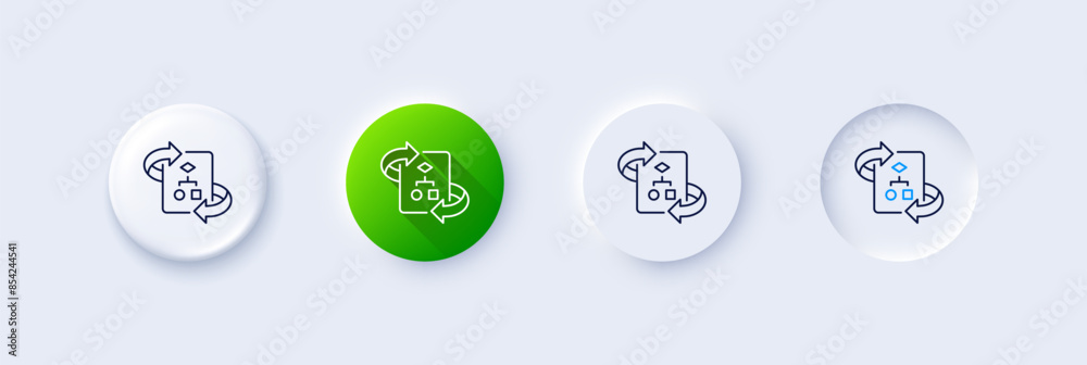 Poster technical algorithm line icon. neumorphic, green gradient, 3d pin buttons. project documentation sig